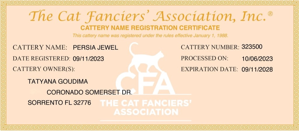 Cat Fanciers' Association Cattery Name Registration Certificate for Persia Jewel, Cattery Number 323500